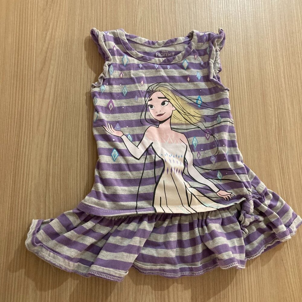Disney Frozen Purple and Gray Striped Dress 2T Short Sleeve Cotton Blend